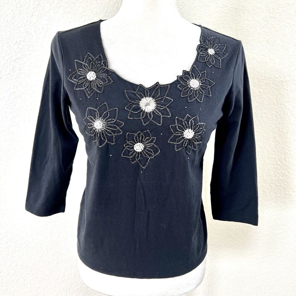 Talbots Top Womens Small Petite Black Beaded Neck 3/4 Sleeve Round Neck Casual